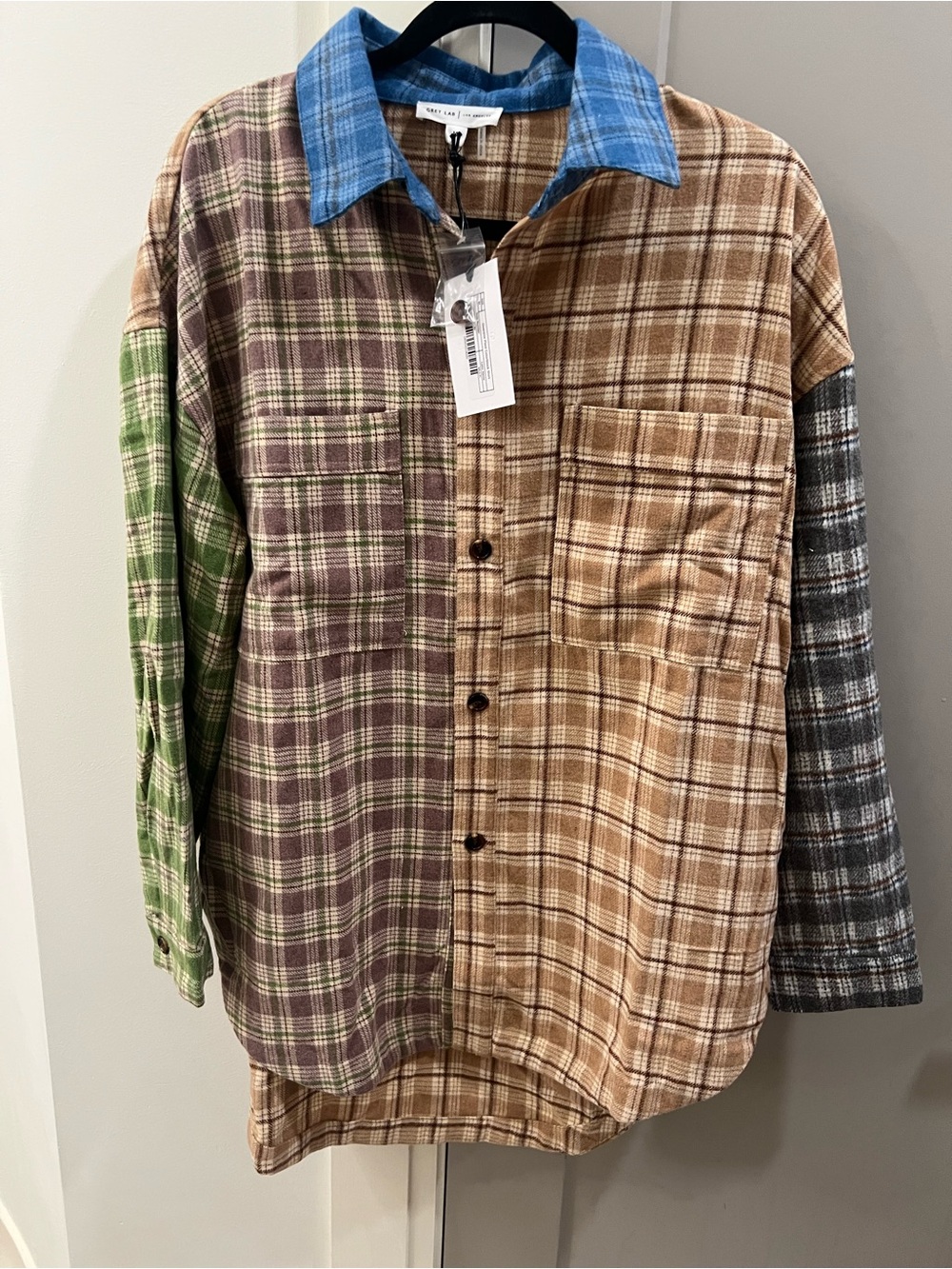 GREY LAB Multicolor Patchwork Plaid Button-Down Shirt (Blue, Green, Brown, Gray)